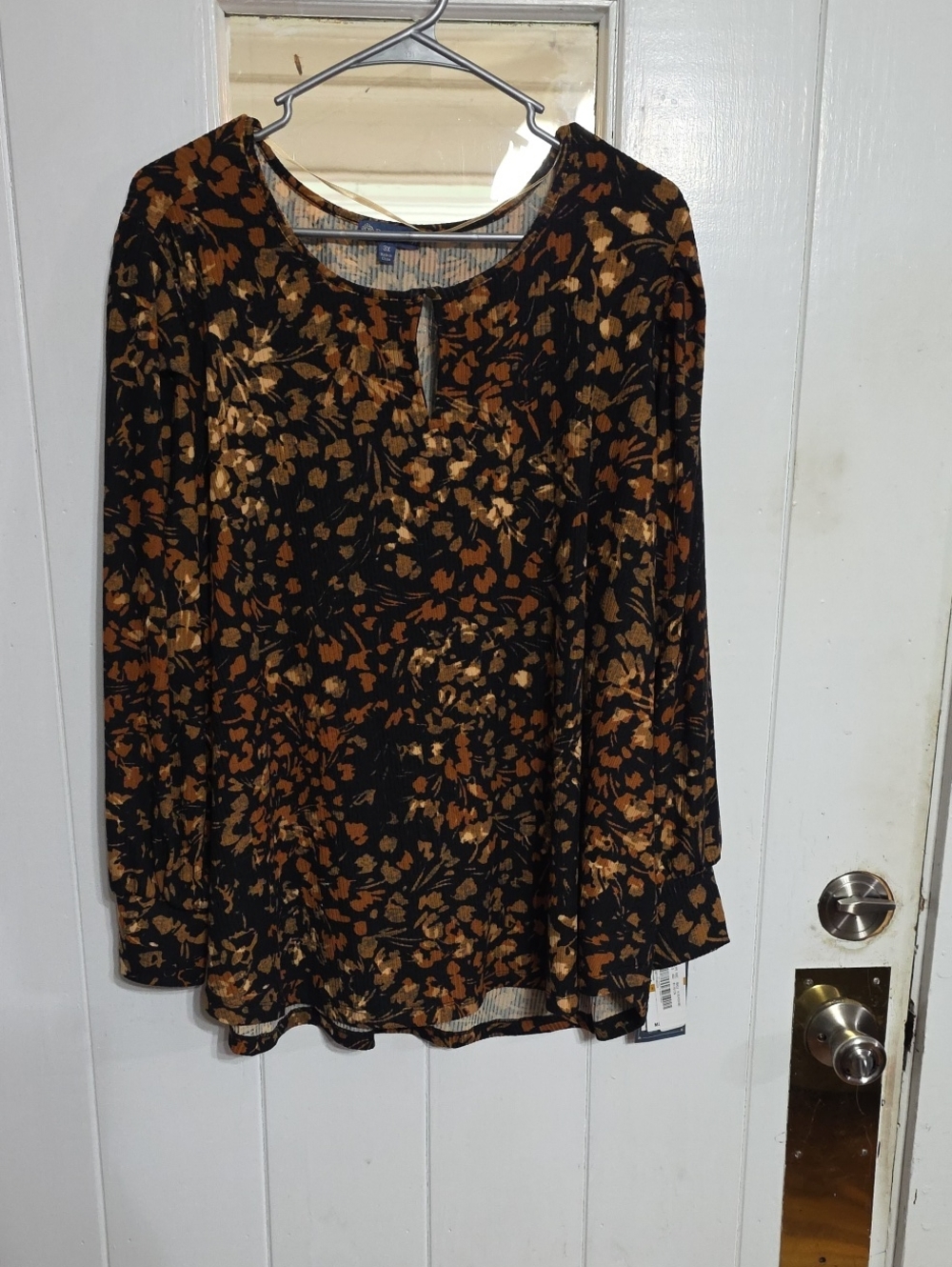 NWT Democracy Women’s Black/Brown Floral Long-Sleeve Top Ribbed Knit Comfort 3X